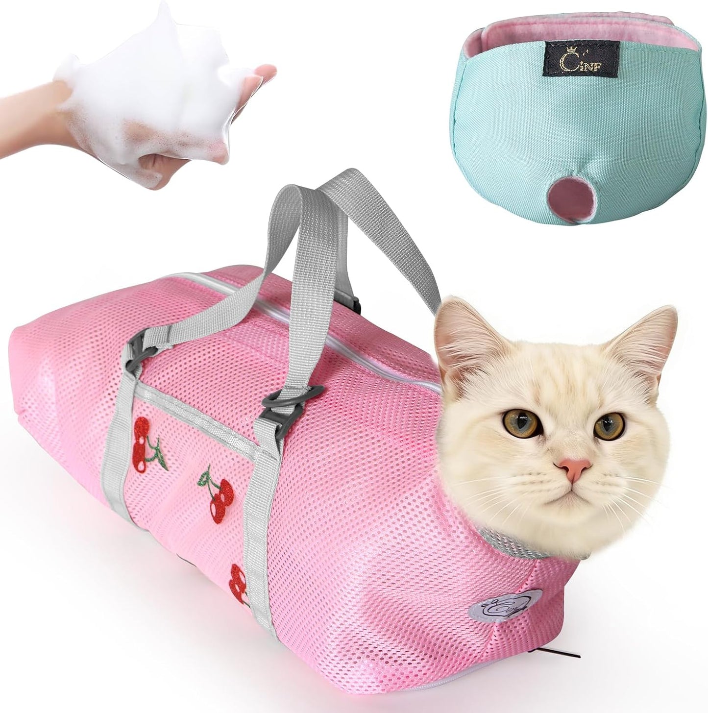 Cinf Cat Bathing Bag(Free Muzzle) Breathable Mesh Anti Scratch Adjustable Cat Grooming Bag for Nail Trimming, Bathing Soft Cat Washing Bag(Light Blue) M - Image 11