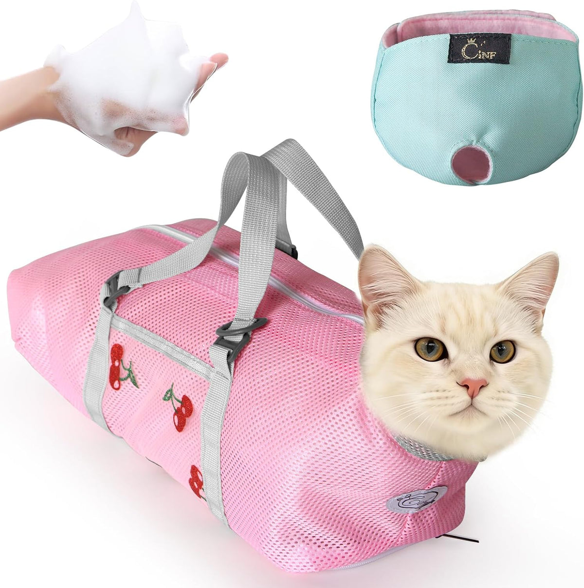 Cinf Cat Bathing Bag(Free Muzzle) Breathable Mesh Anti Scratch Adjustable Cat Grooming Bag for Nail Trimming, Bathing Soft Cat Washing Bag(Light Blue) M - Image 11