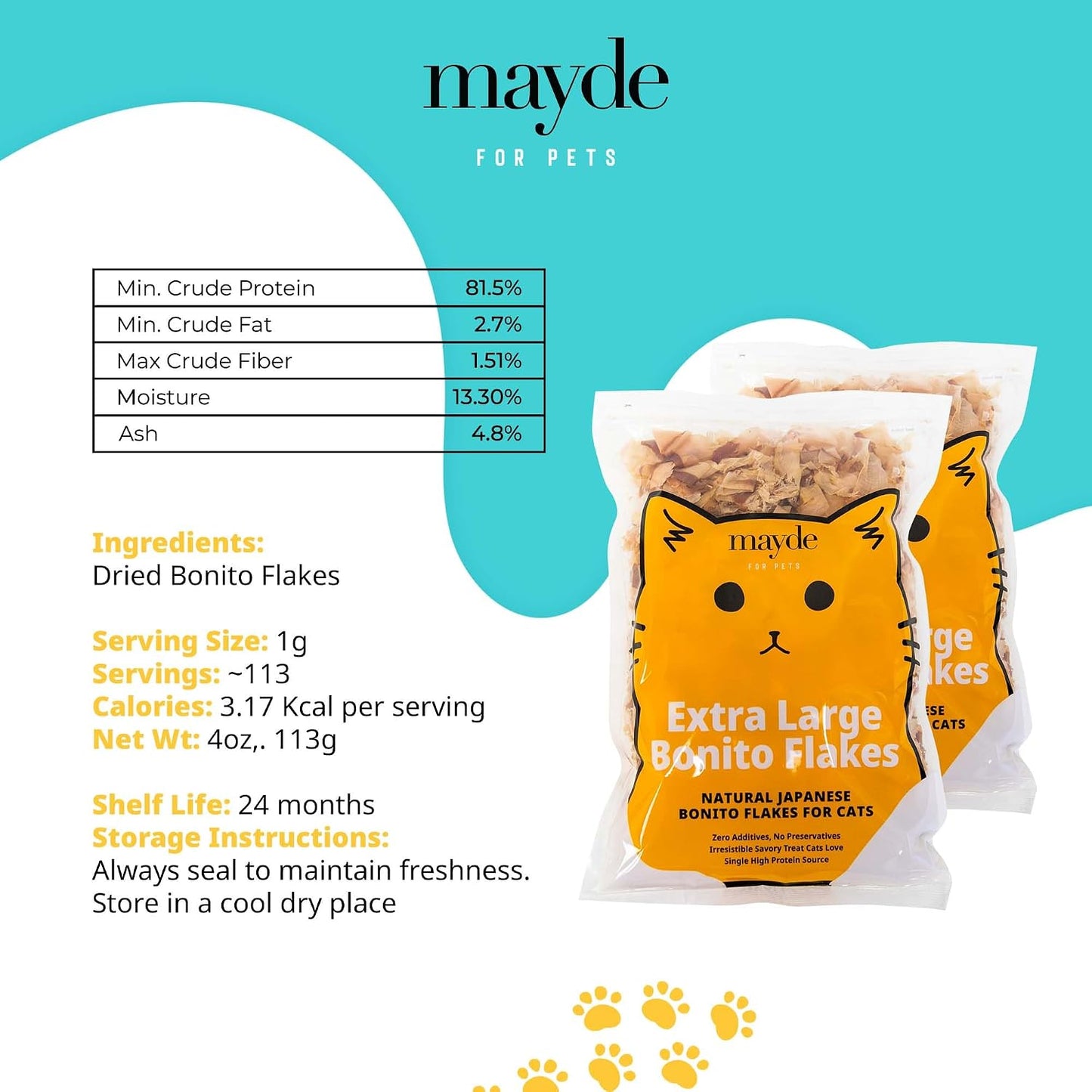 Ingredients label of Mayde bonito flakes 100 percent natural