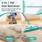 Demonstration of carpet rake cleaning hair from a rug