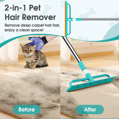 Demonstration of carpet rake cleaning hair from a rug
