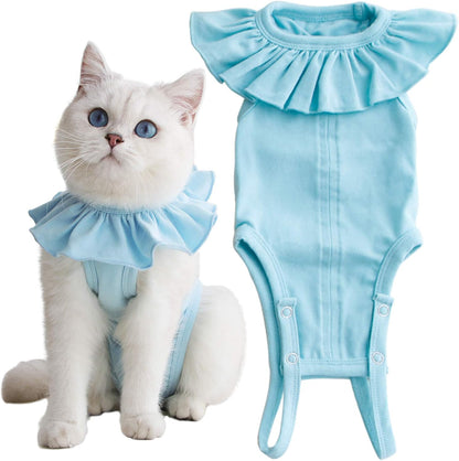 A comfortable kitten resting while wearing the flexible post-surgery suit.