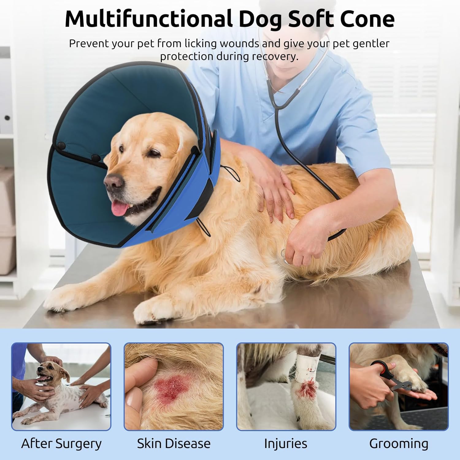 Blue Elizabethan collar for large dogs showing soft cushioned edges