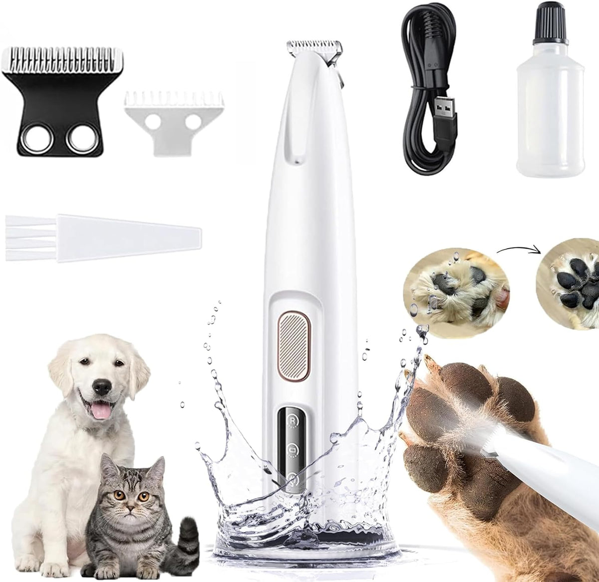 Notdusk CalmClippers for cats pet paw fur trimmer front view showing white ergonomic handle and ceramic blade.