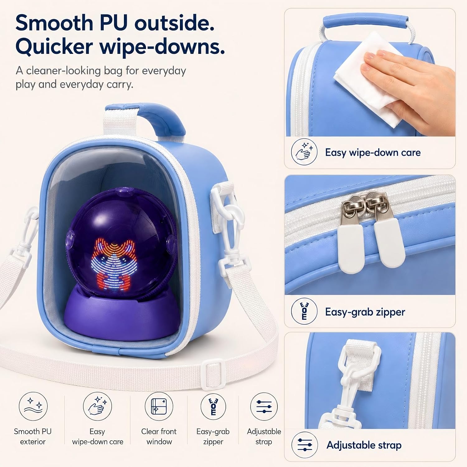 Electronic Pet Carrying Case Compatible with BITZEE Hamster Ball, High-Density EPE Foam, Microfiber PU, Detachable Shoulder StrapBlue - Image 4