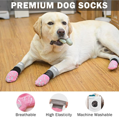 Dog wearing Scenereal socks on hardwood floor