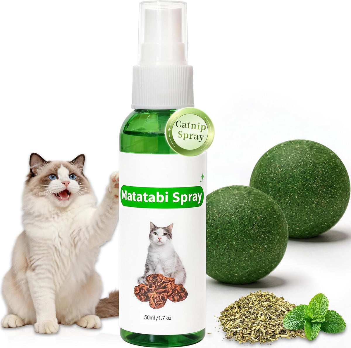 Tovaginsh pet catnip spray and balls bundle front view showcasing premium packaging for cat enrichment.