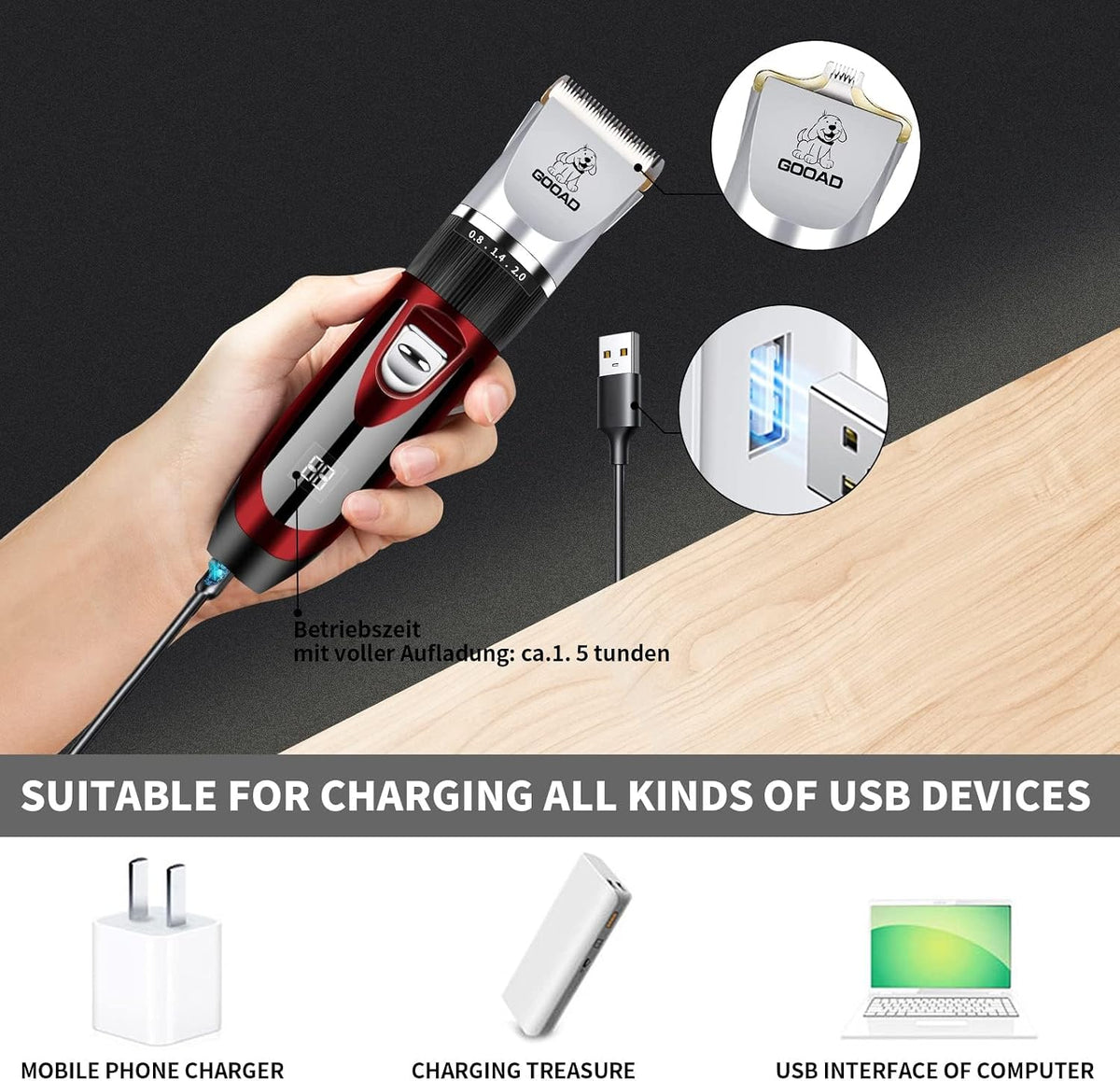 Quiet pet hair trimmer being held to demonstrate the ergonomic cordless design.
