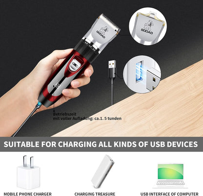 Quiet pet hair trimmer being held to demonstrate the ergonomic cordless design.