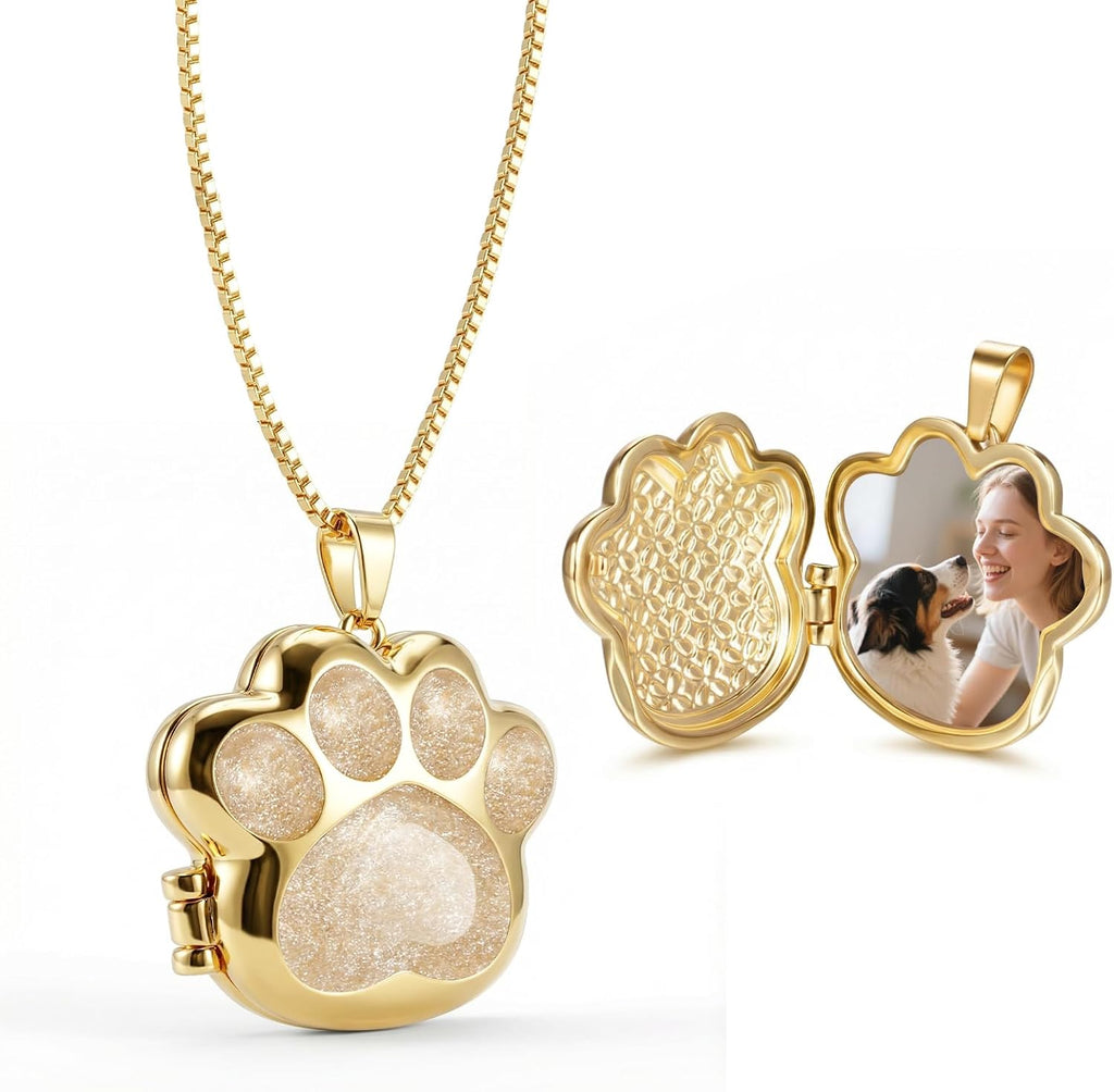 Generic pet paw print locket necklace front view in gold white finish