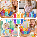 Set of six multi colored rabbit soft toys for feline exercise.