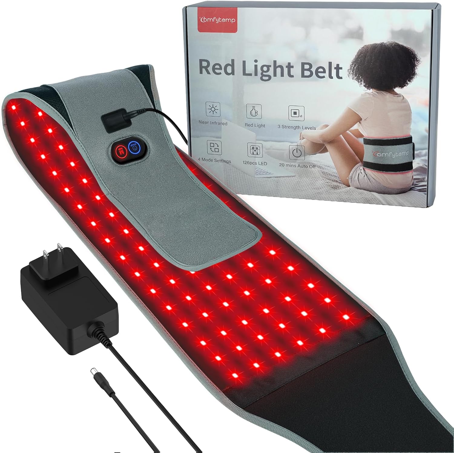Comfytemp Red Light Therapy Belt front view showing illuminated red LED grid