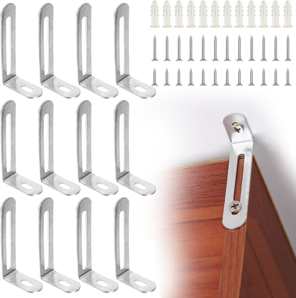 Axyloeva baby proofing anti tip furniture anchors kit front view showing twelve premium stainless steel L-shaped brackets.