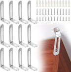 Axyloeva baby proofing anti tip furniture anchors kit front view showing twelve premium stainless steel L-shaped brackets.
