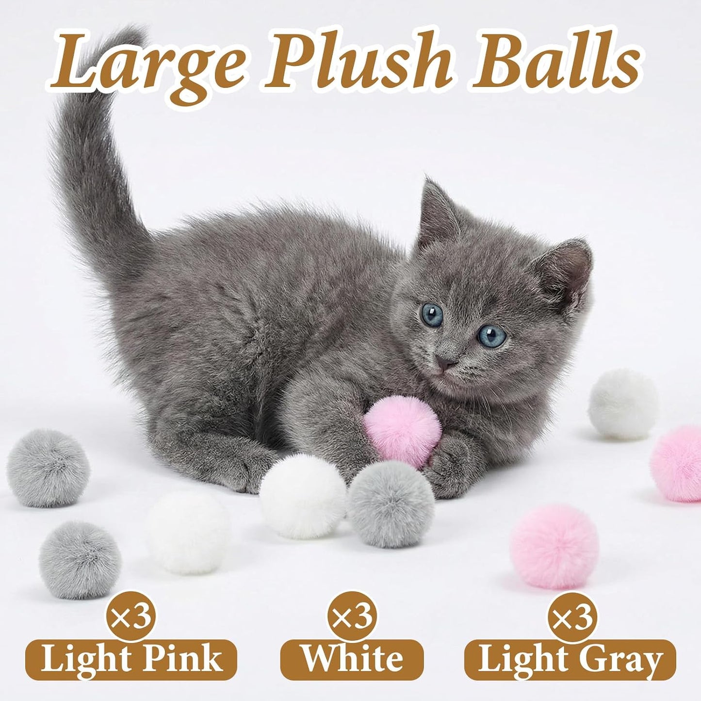 Abeillo soft kitty rolling balls showcasing the light grey and white textured feline play accessories.