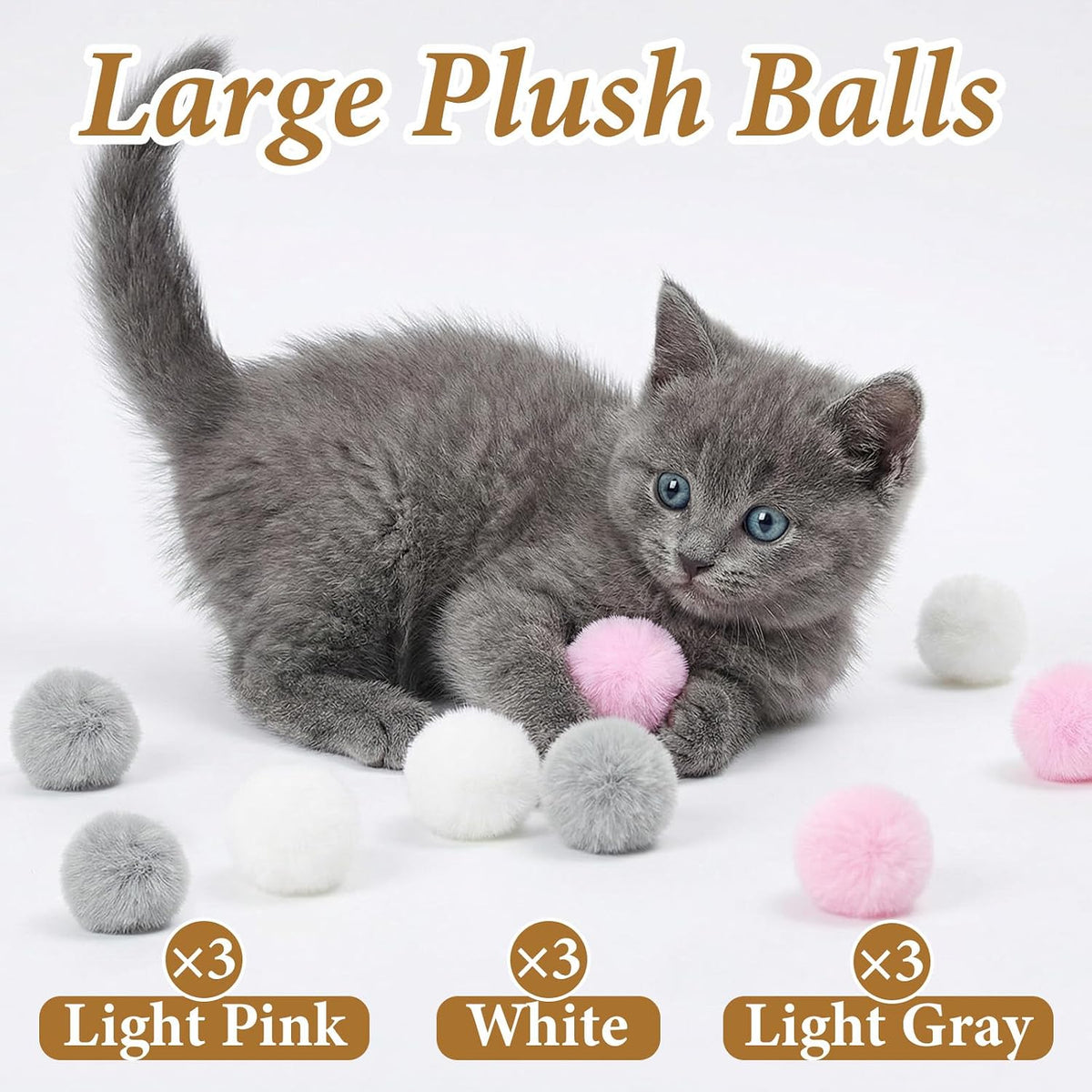 Abeillo soft kitty rolling balls showcasing the light grey and white textured feline play accessories.