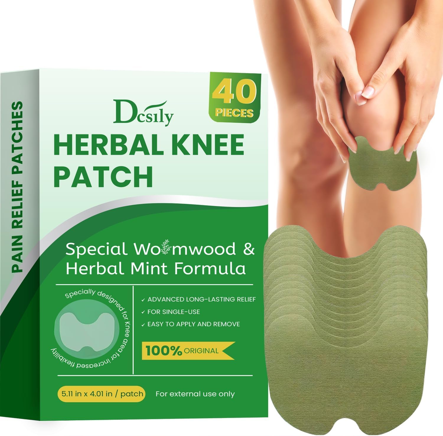Dcsily Herbal Knee Patches box front view showing 40 count pain relief patches packaging.