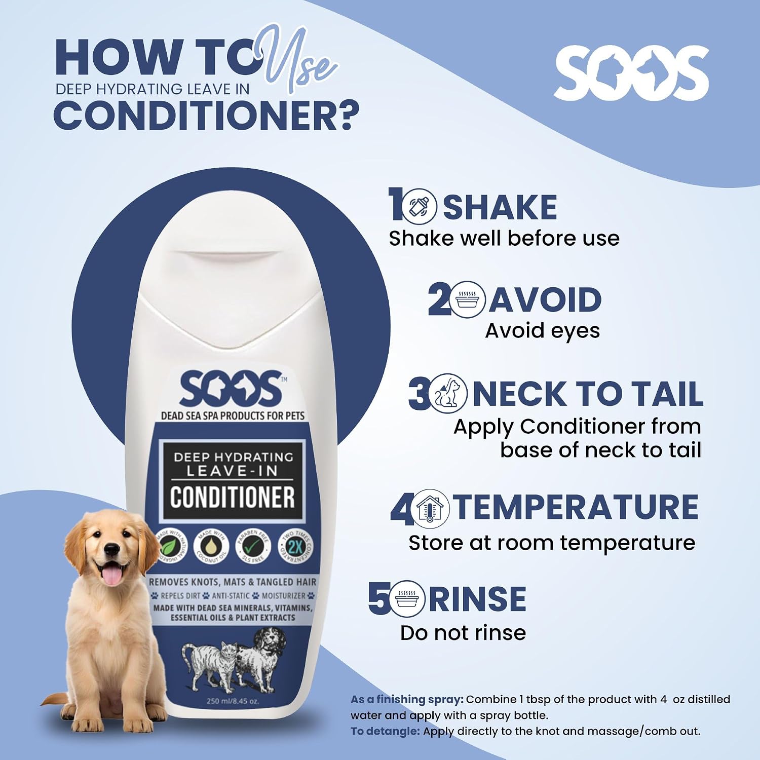 Soos pet grooming conditioner showing directions and ingredients list