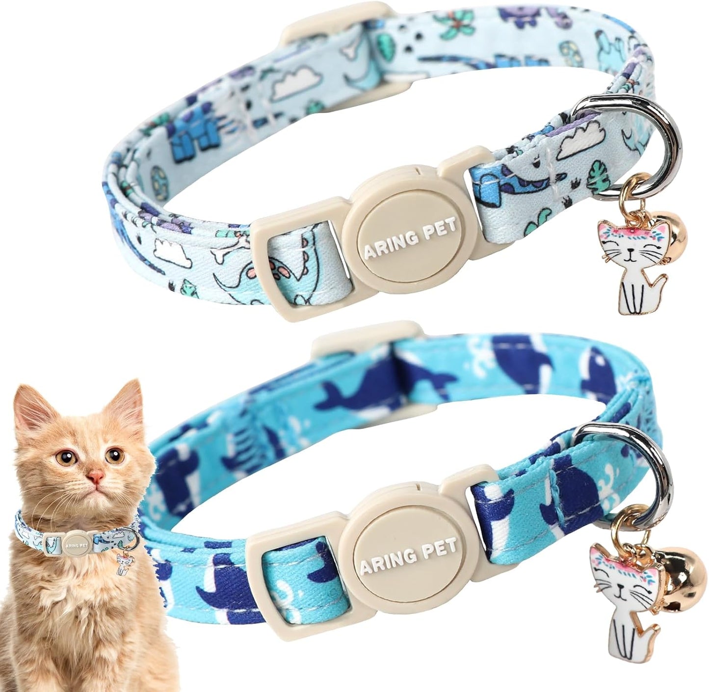 ARING PET stylish striped breakaway collars for boy and girl cats displayed together