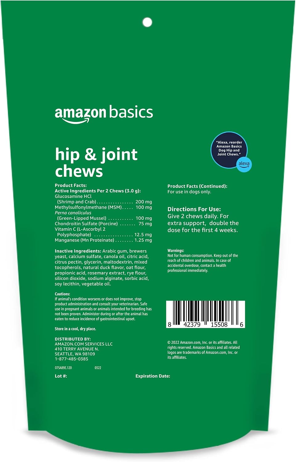 Amazon Basics canine joint support soft chews bag showing active ingredients