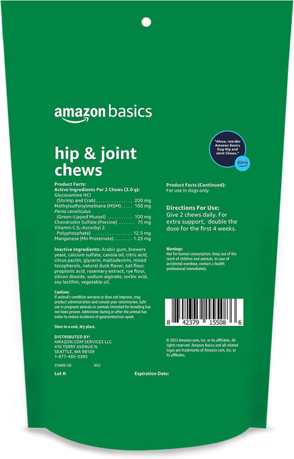 Amazon Basics canine joint support soft chews bag showing active ingredients