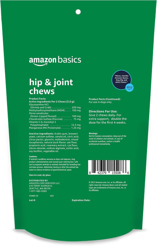 Amazon Basics canine joint support soft chews bag showing active ingredients