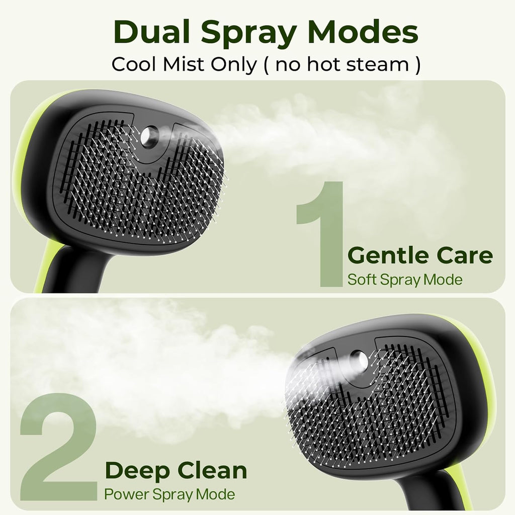 Green Pecute pet brush showing one touch self cleaning button mechanism