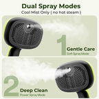 Green Pecute pet brush showing one touch self cleaning button mechanism