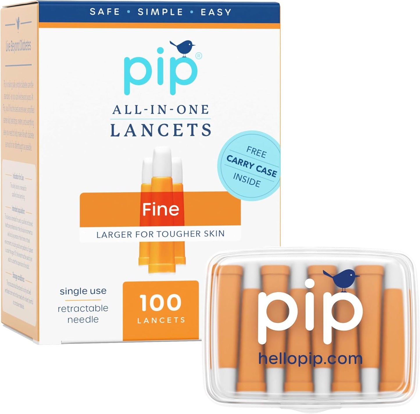 Pip Safety Lancets front view of the packaging showing the one hundred count box.