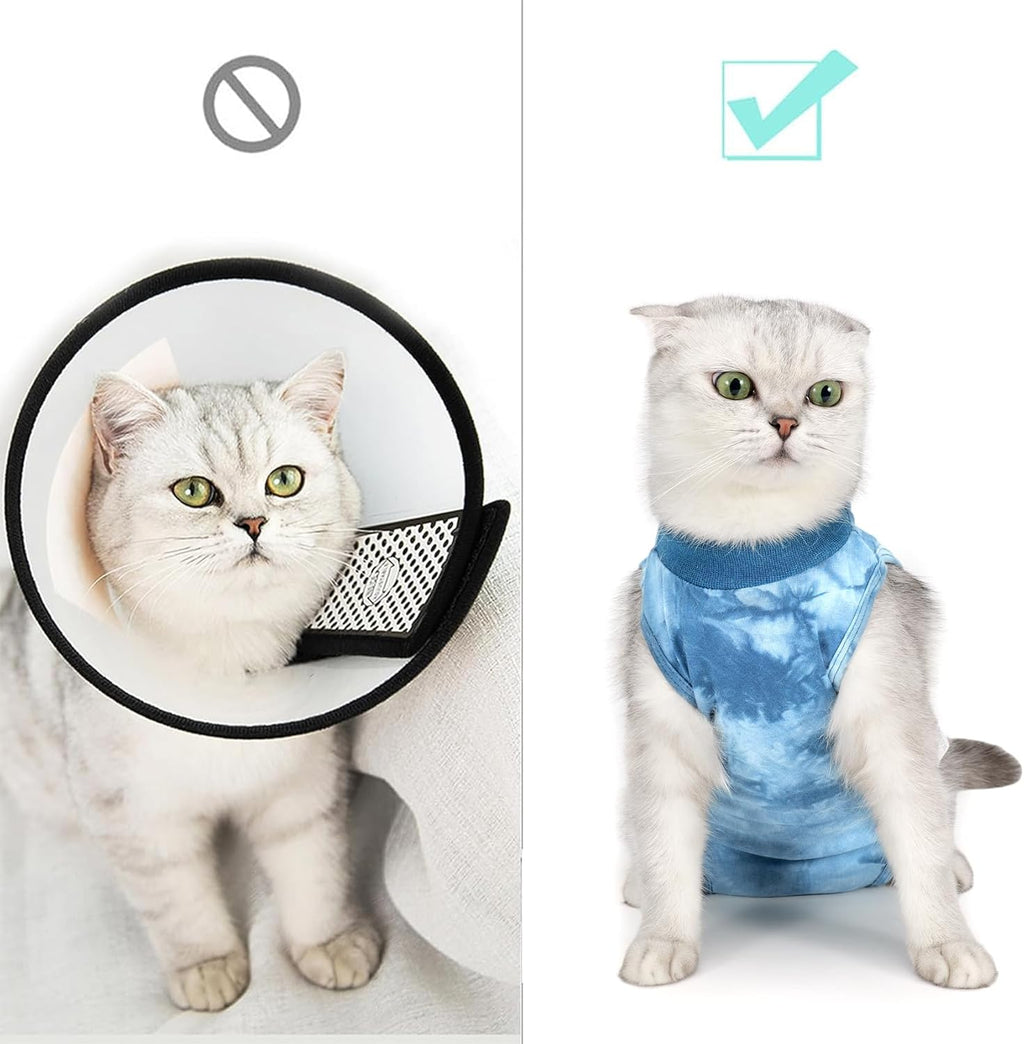Tie dye blue cat protective pajamas with back button closure