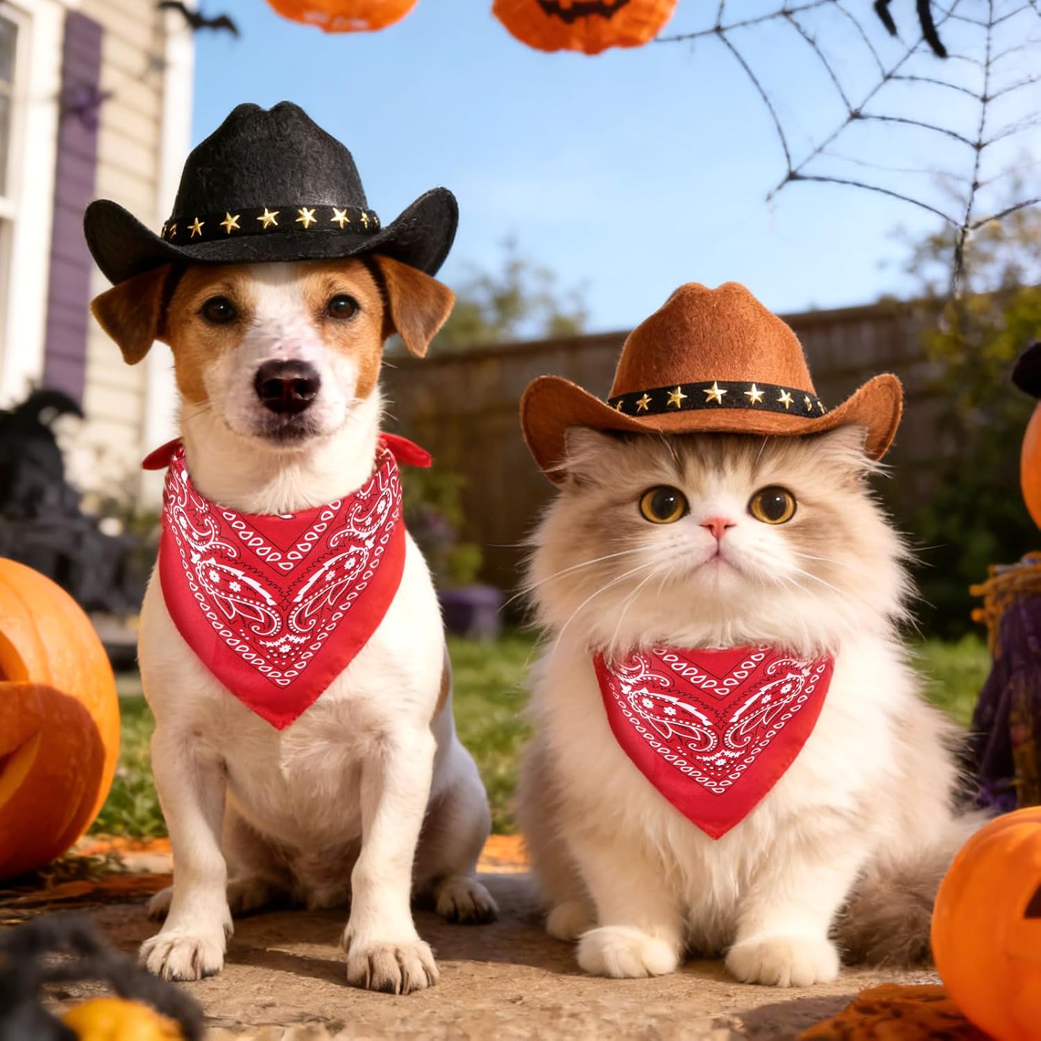 Emutol halloween pet cosplay costume full set including one piece hat and one piece scarf.