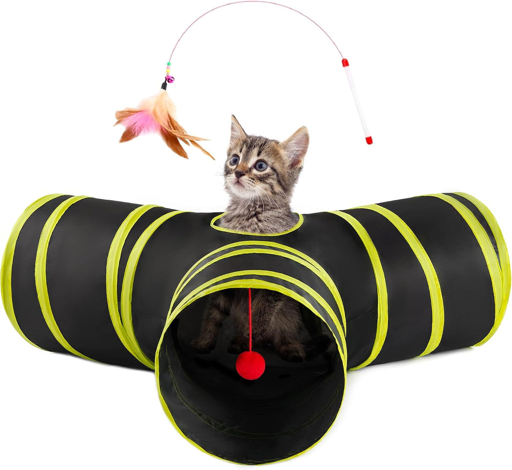 Love's Cabin Cat Tunnel for Indoor Cats, 3-Way Collapsible Play Tunnel with Teaser Wand, Peek Holes & Toy Ball, Small Pet Toy for Kittens & Rabbits, Black & Blue, Small Size - Image 12