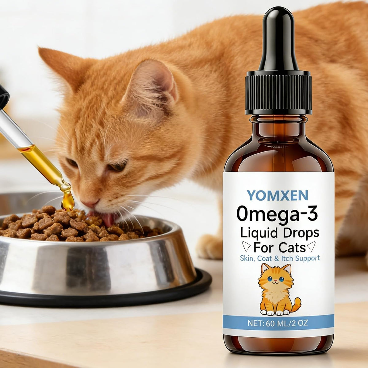 Anefose Omega-3 cat drops being added to feline wet food bowl