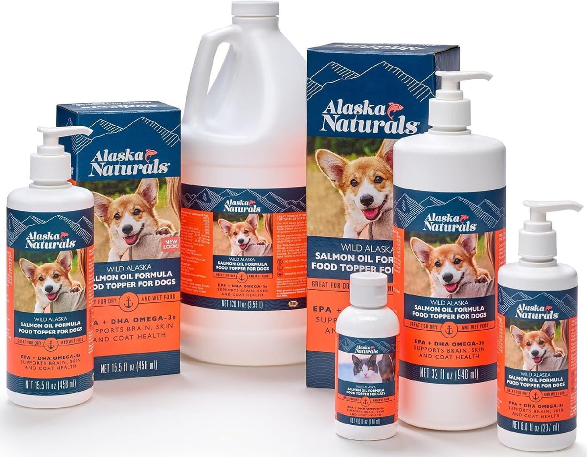 Premium USA imported Alaska Naturals cat supplement bottle highlighting EPA and DHA Omega 3 benefits.