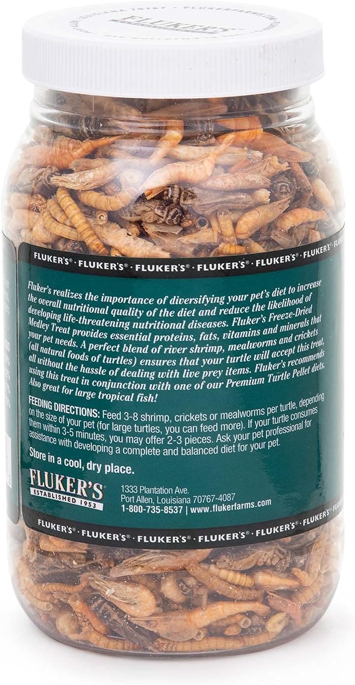 Fluker's Turtle Vitamin Enriched Medley showing freeze dried river shrimp mealworms and crickets