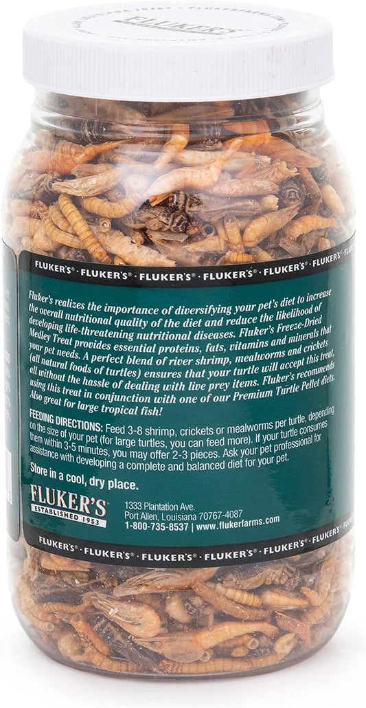 Fluker's Turtle Vitamin Enriched Medley showing freeze dried river shrimp mealworms and crickets