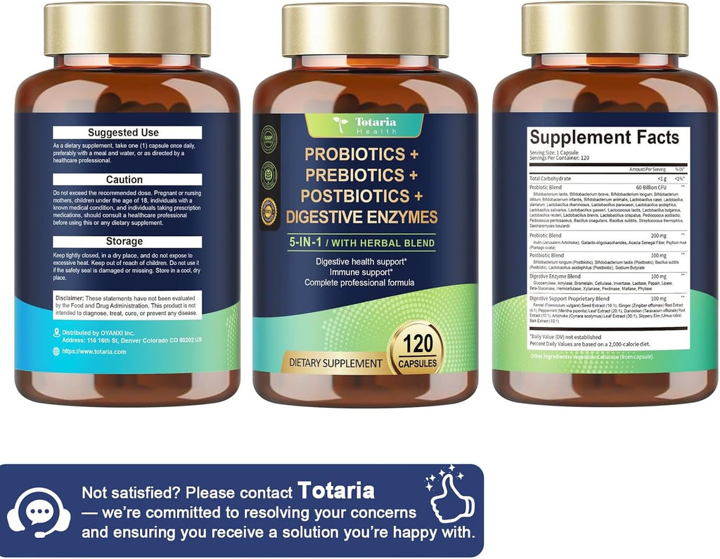Totaria 5-in-1 Probiotic Prebiotic & Postbiotic for Women Men, 60 Billion CFU 24 Strains w/Digestive Enzymes, Prebiotic Fiber, Slippery Elm, Daily Complete Immune, Gut Health, 120 Day Supply - Image 9
