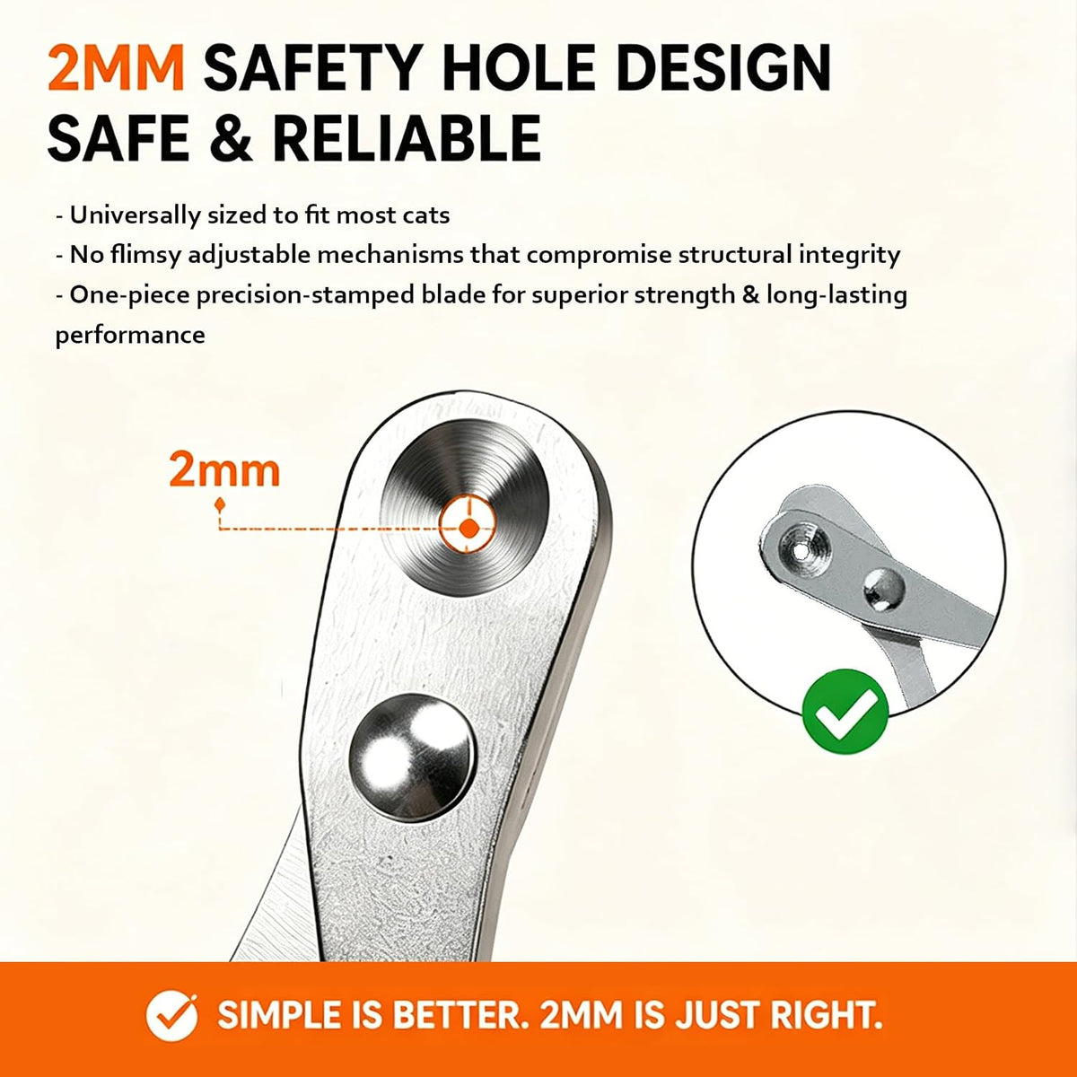 Trumoon safe pet claw trimmer highlighting the two millimeter circular hole safety guard.
