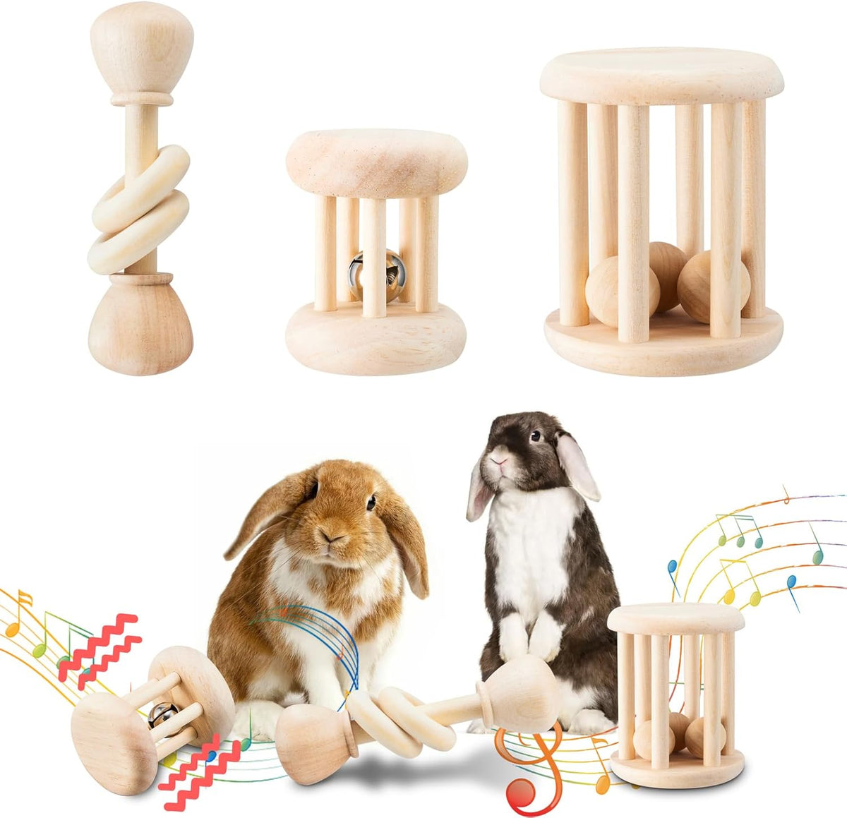 Fidwall AOWPFVV wooden bunny teeth grinding toys front view showing three premium natural pine chew pieces