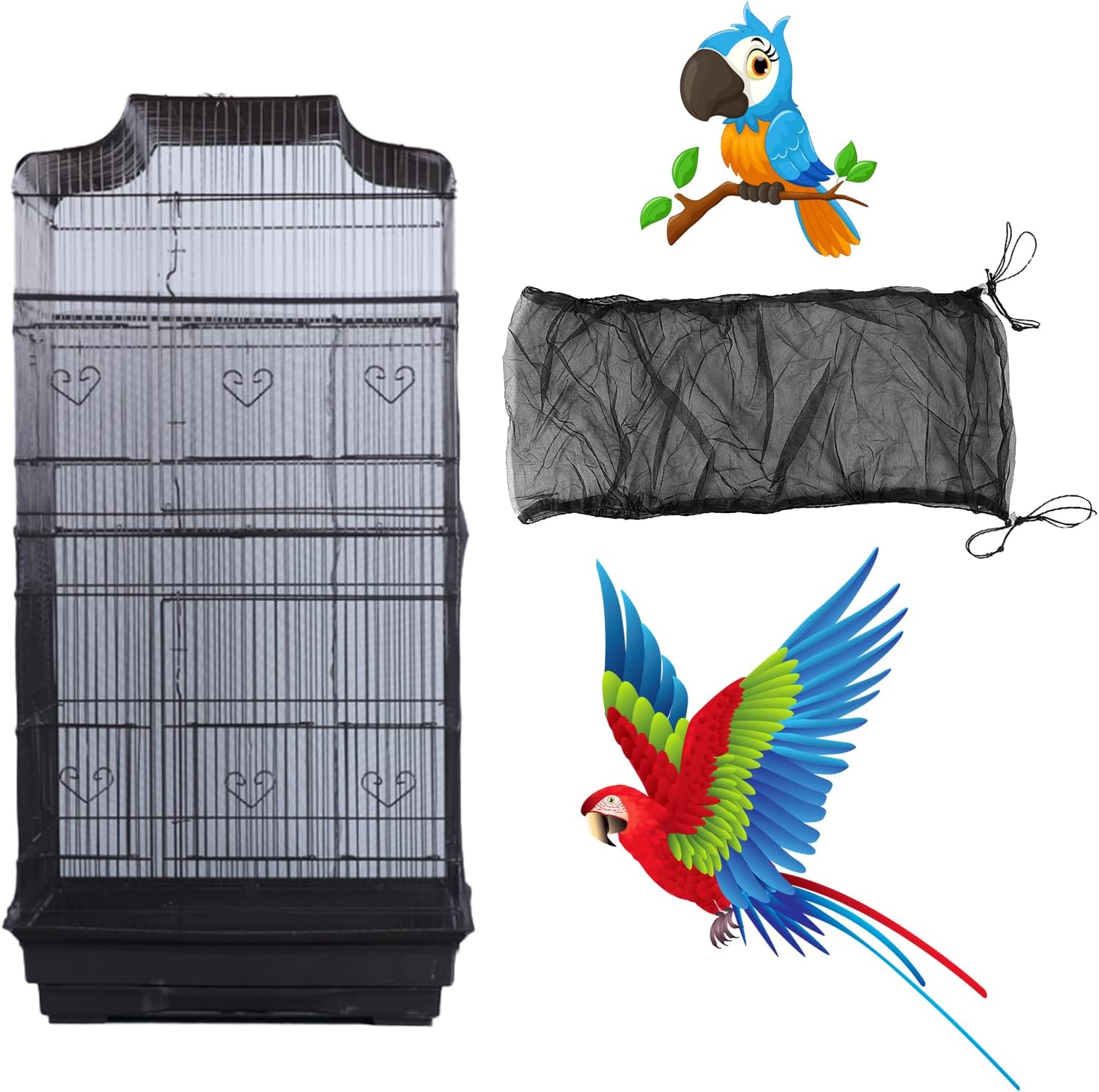 AIMICOCA bird cage seed catcher mesh net cover front view installed on a dome top birdcage