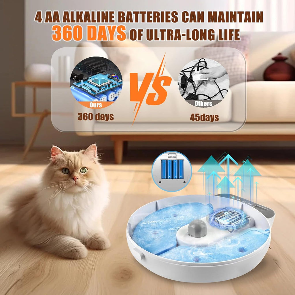 Battery operated smart cat food bowl with wide opening to prevent whisker fatigue