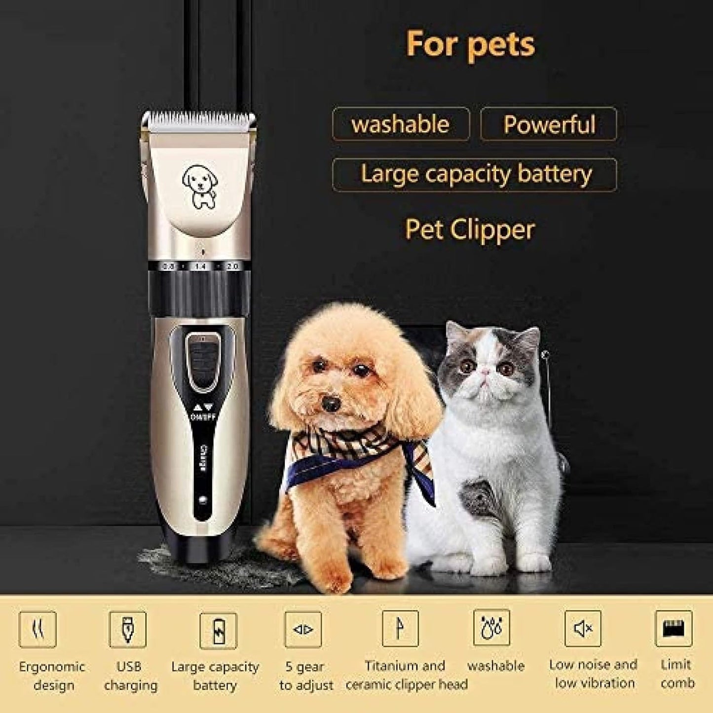 Yasao electric pet clipper showcasing five adjustable speed settings