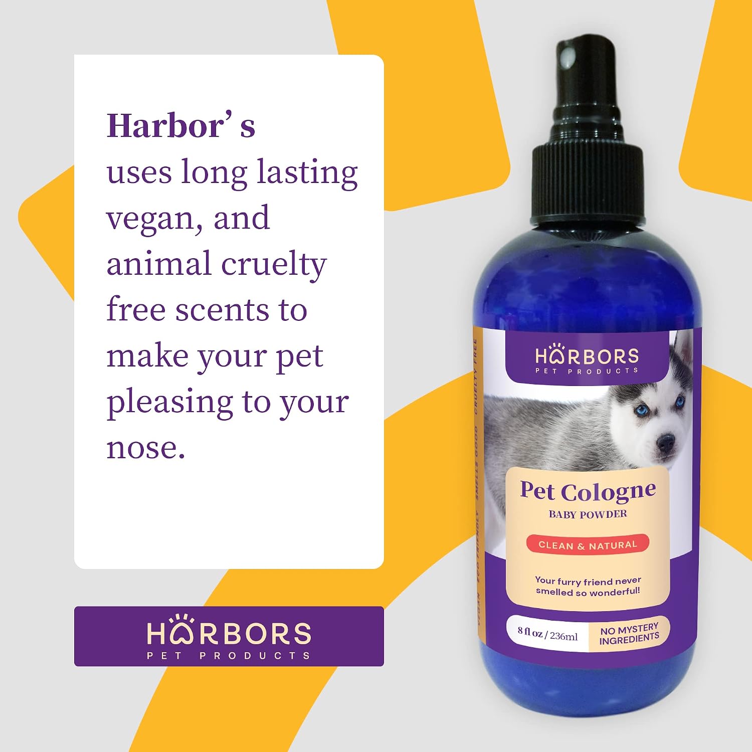 Vegan and cruelty free pet cologne spray container for odor elimination.