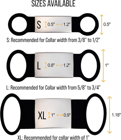 Flexible silicone rubber loops on pet ID tag stretching over collar material