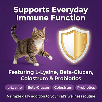 Back label view of feline vision and antibody support supplement directions.