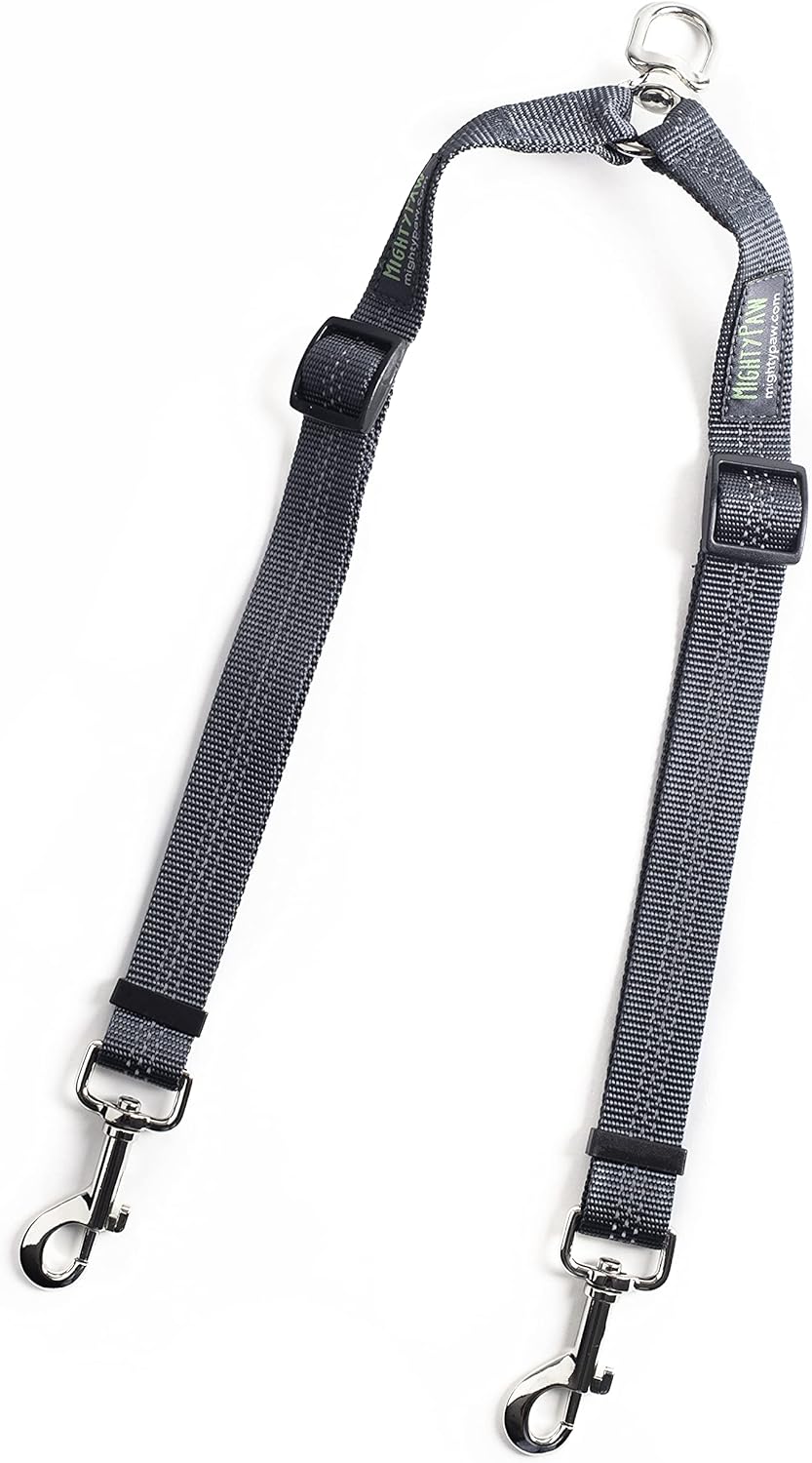 Mighty Paw Double Dog Leash front view showing tangle free swivel hardware.
