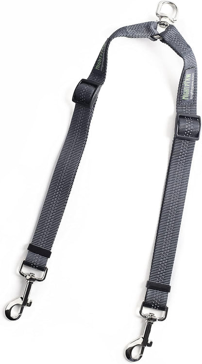 Mighty Paw Double Dog Leash front view showing tangle free swivel hardware.