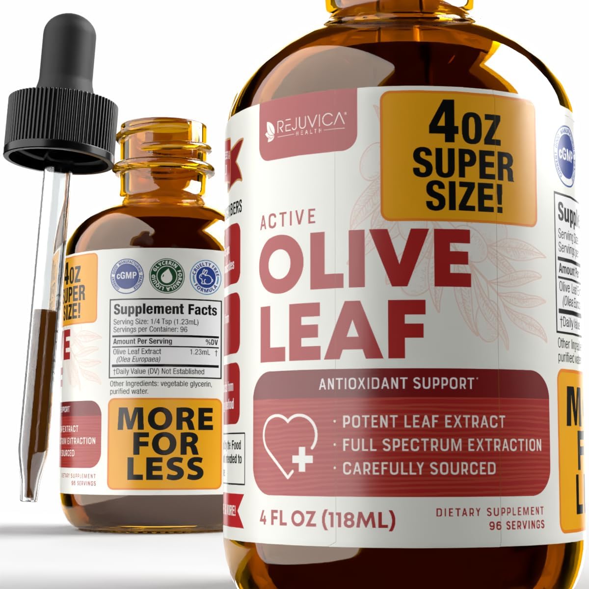 Rejuvica Health Active Olive Leaf Liquid Extract front view of the 2 ounce tincture bottle for heart support.