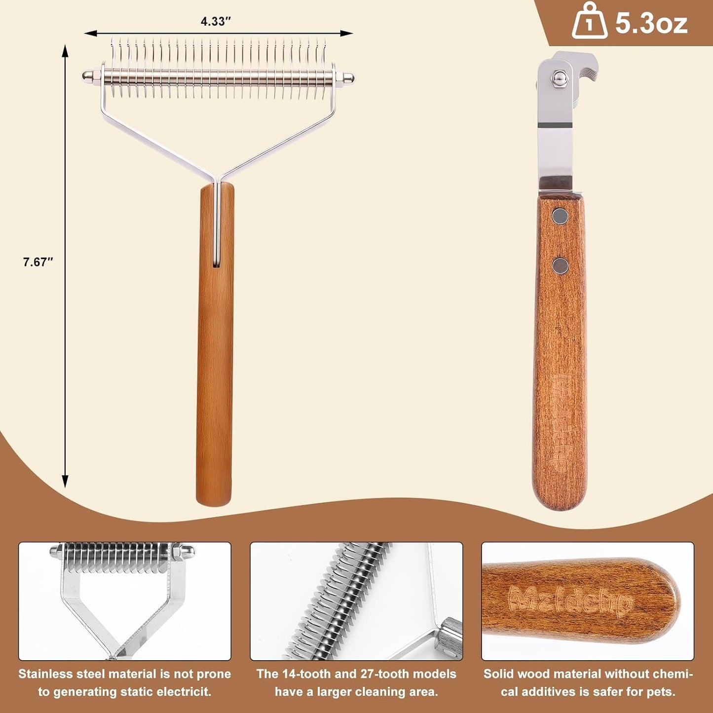 Two sided undercoat rake showing the fourteen teeth mat removing side.