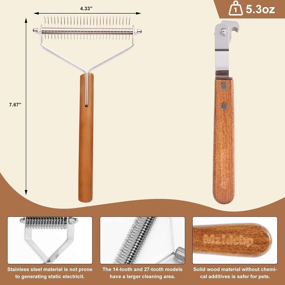 Two sided undercoat rake showing the fourteen teeth mat removing side.